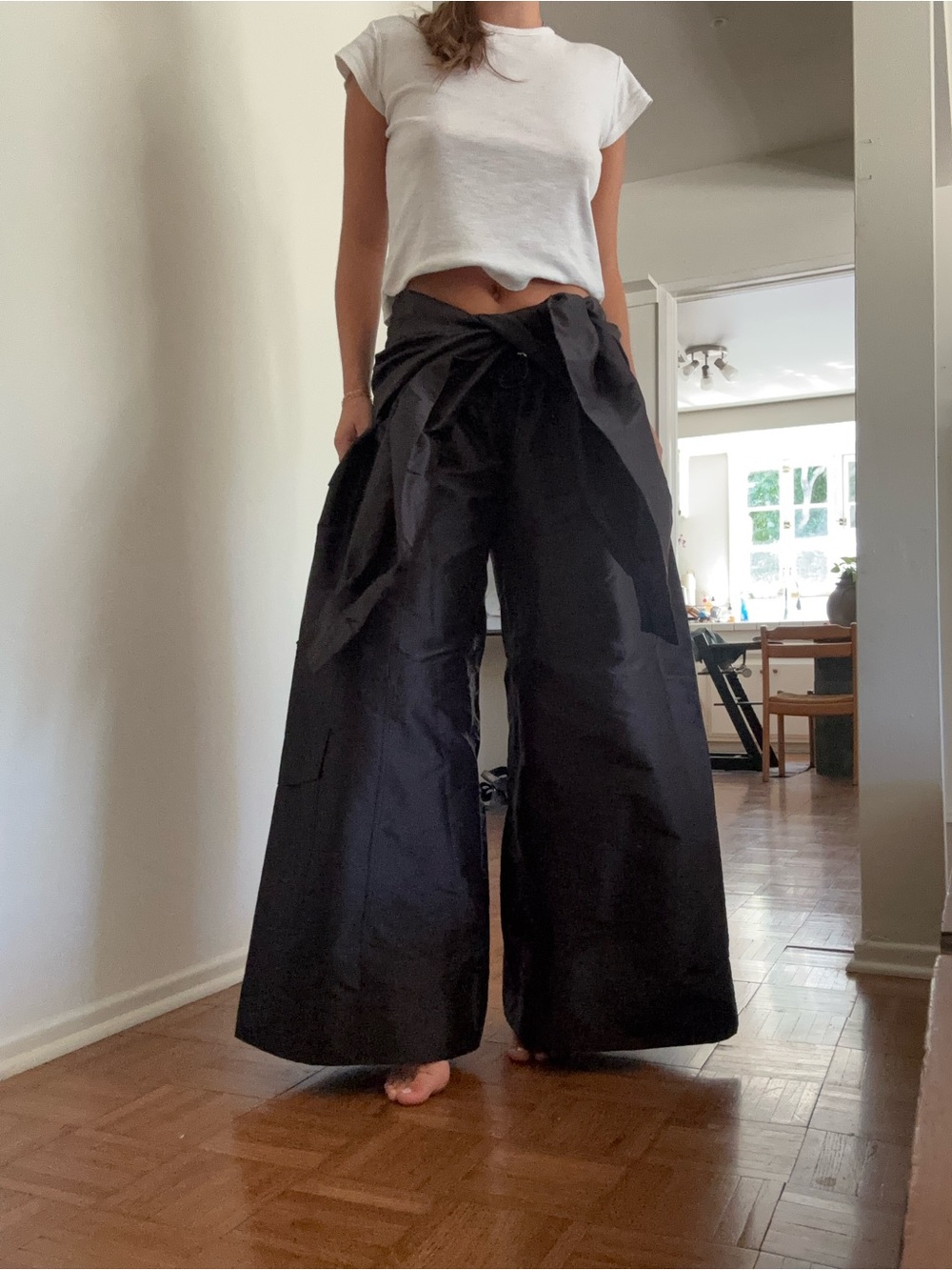 High-Waist Wide Leg Tie-Front Pants — Black